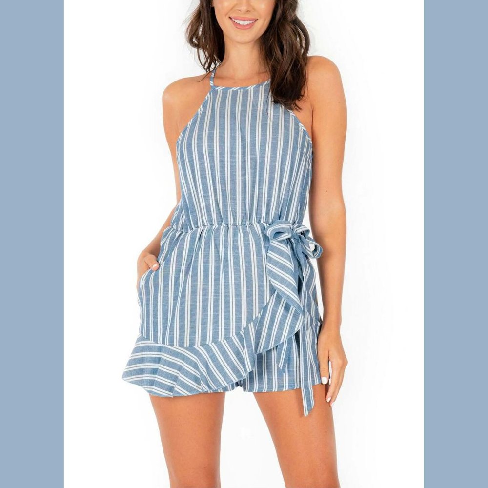 Speechless Sleeveless Faux Wrap Romper White Blue Striped Size XXS